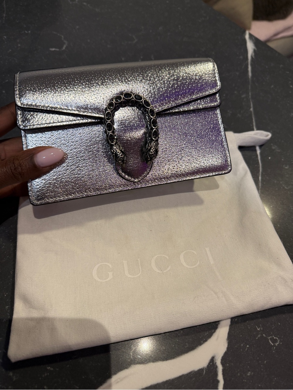 Gucci Iridescent Silver-Purple Mini Wallet with Iconic Horsebit
